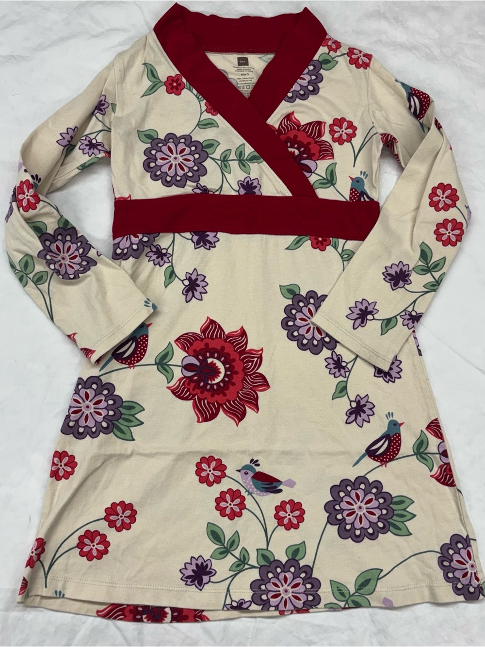 Tea Girls Purple Red Floral‎ Wrap Dress Birds Size 5 Long Sleeve